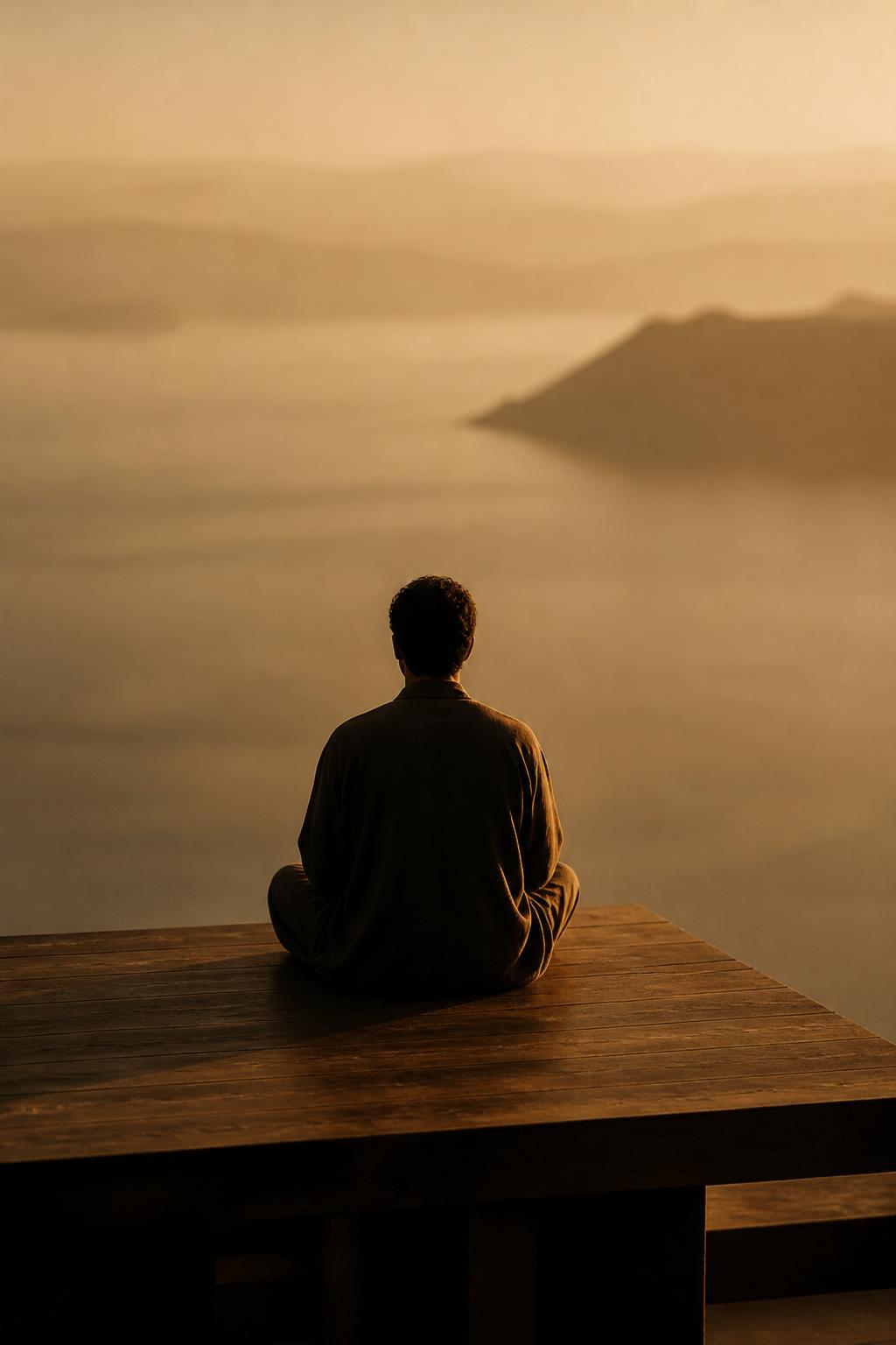 A man seated in stillness, turned toward warm light